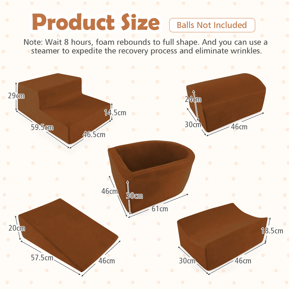 Costway Kids Brown 5 Piece Climb and Crawl Play Set with Ball Pit Image 7
