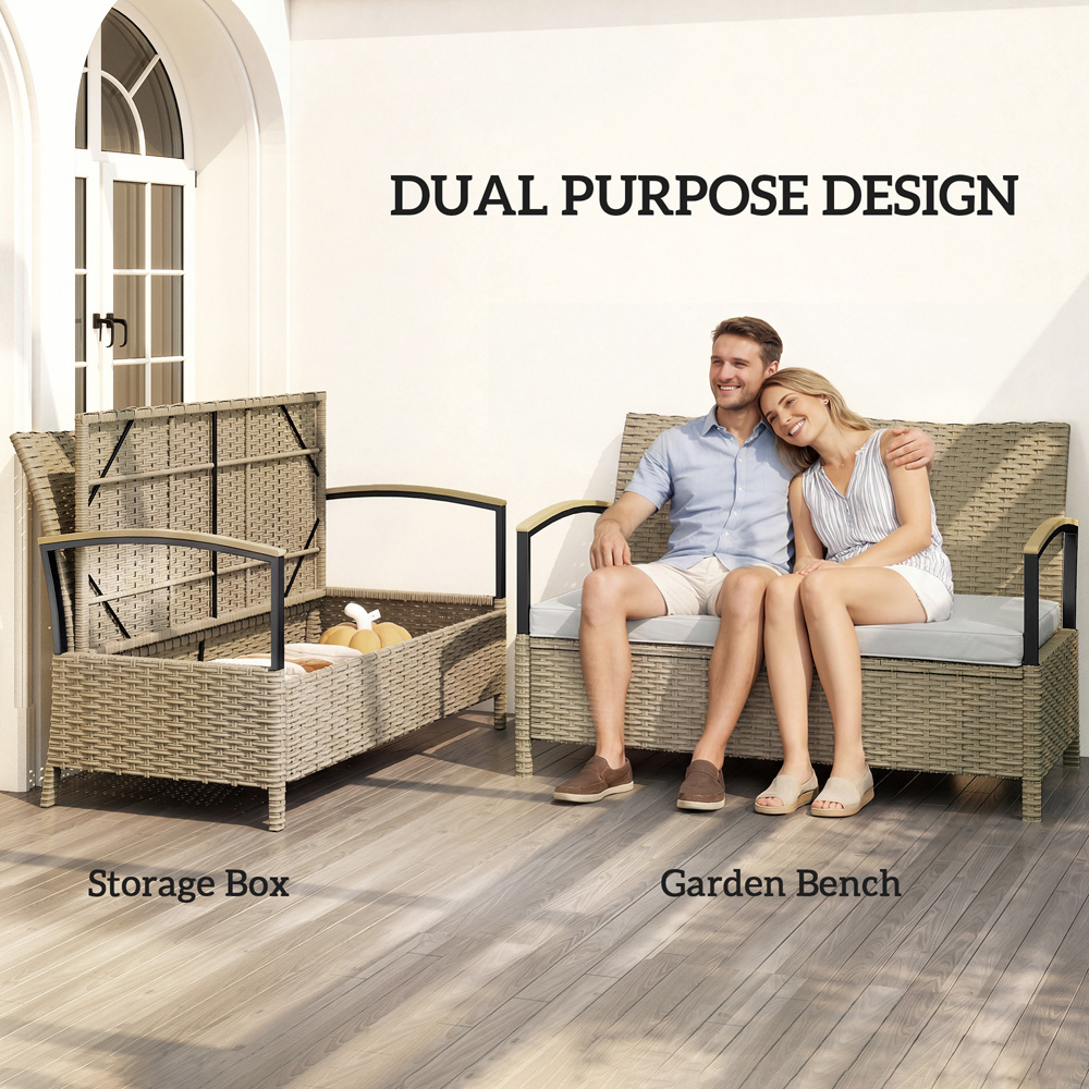 Outsunny 2 Seater Khaki PE Rattan Garden Storage Bench Image 3