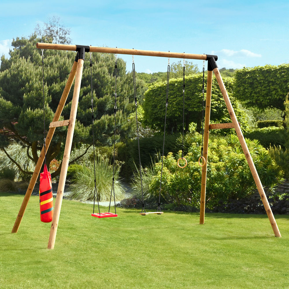 Soulet Galdar Kids Wooden Double Swing Set with Gym Rings and Boxing Punch bag Image 2