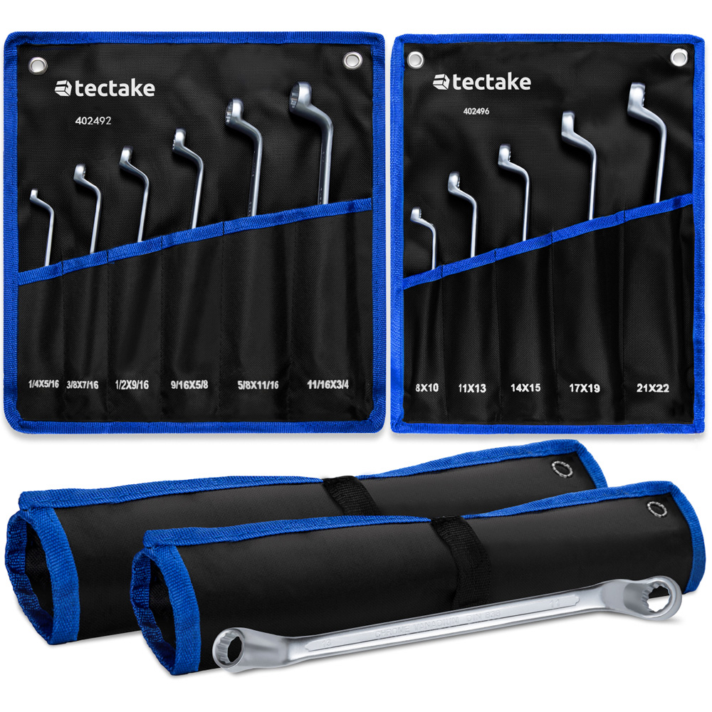 tectake 11 Piece Metric and Imperial Carbon Steel Double Ring Spanner Set with Roll Up Pouches Image 2