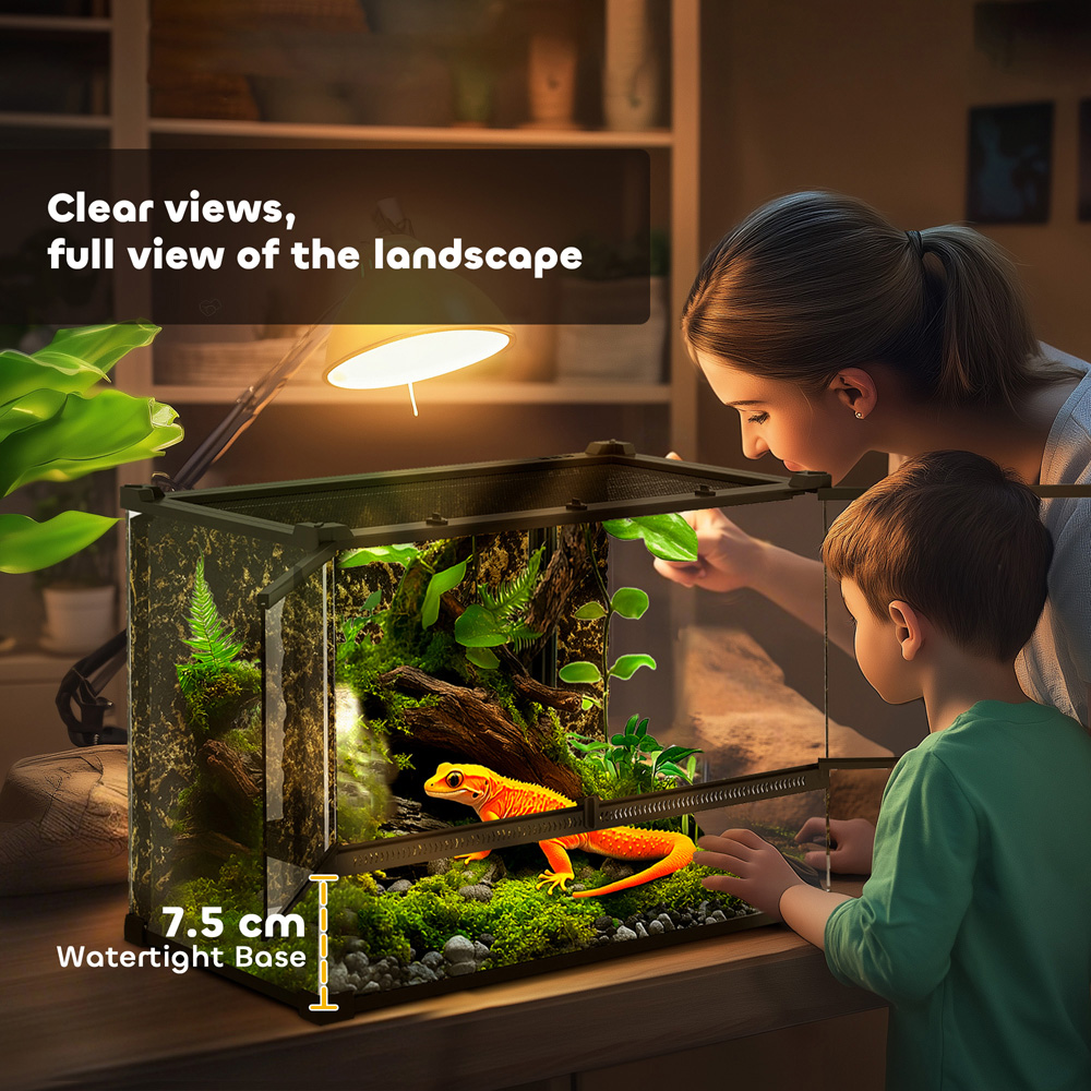 PawHut 48L Glass Black Reptile Vivarium with Stone Background Image 7