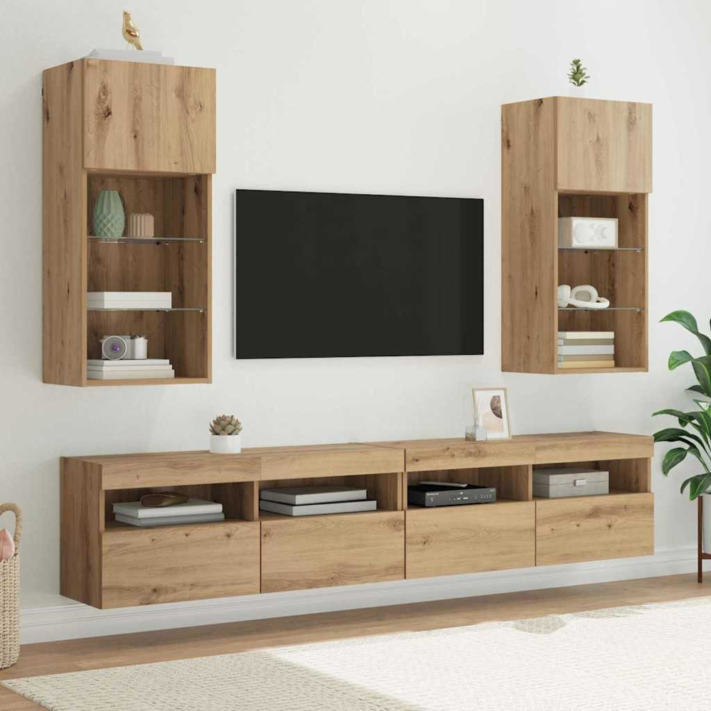 vidaXL Single Door 3 Shelf Artisan Oak Wide Wall Mounted LED TV Unit Image 8