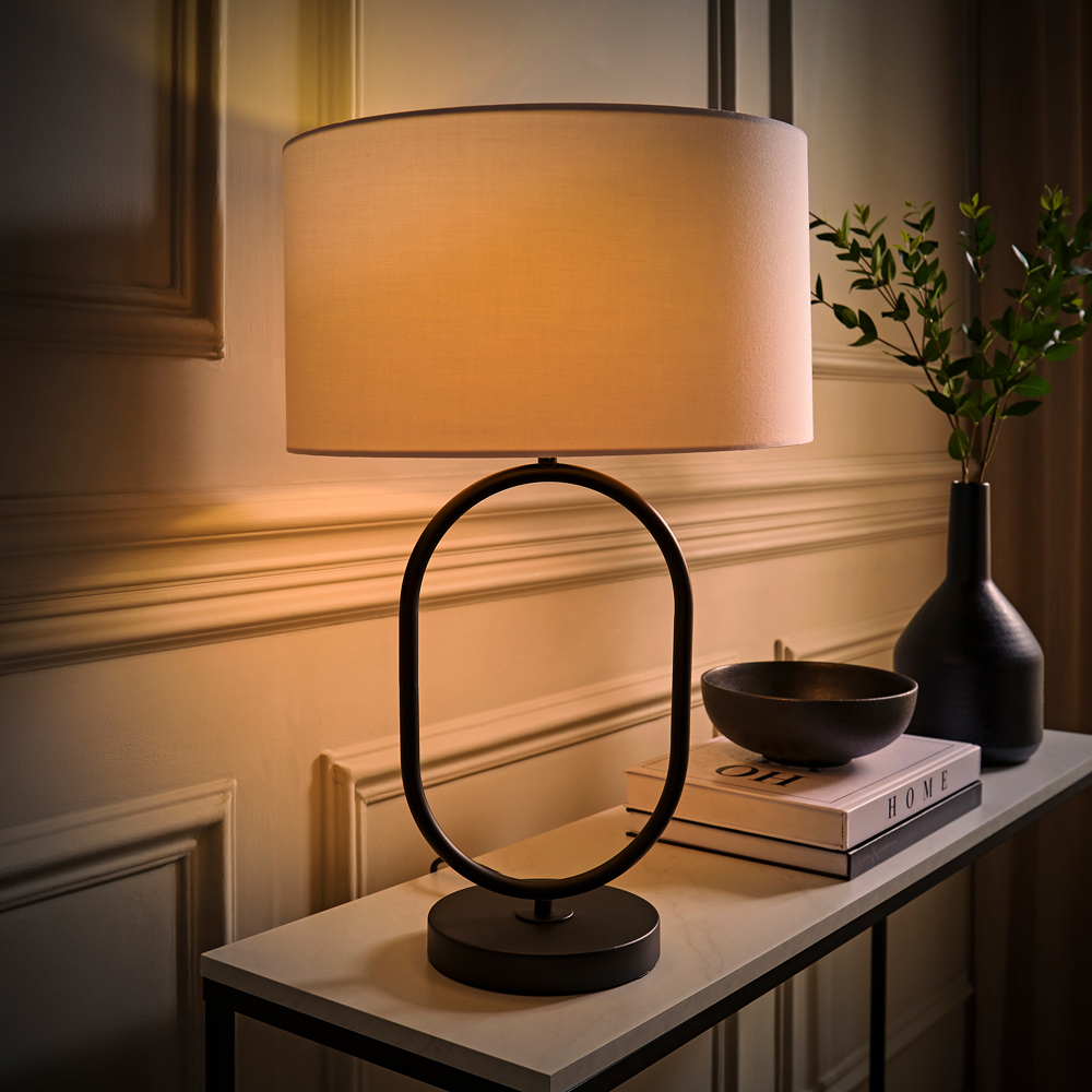 ValueLights Antonia White Fabric Drum Shade Matte Black Oval LED Table Lamp Image 6
