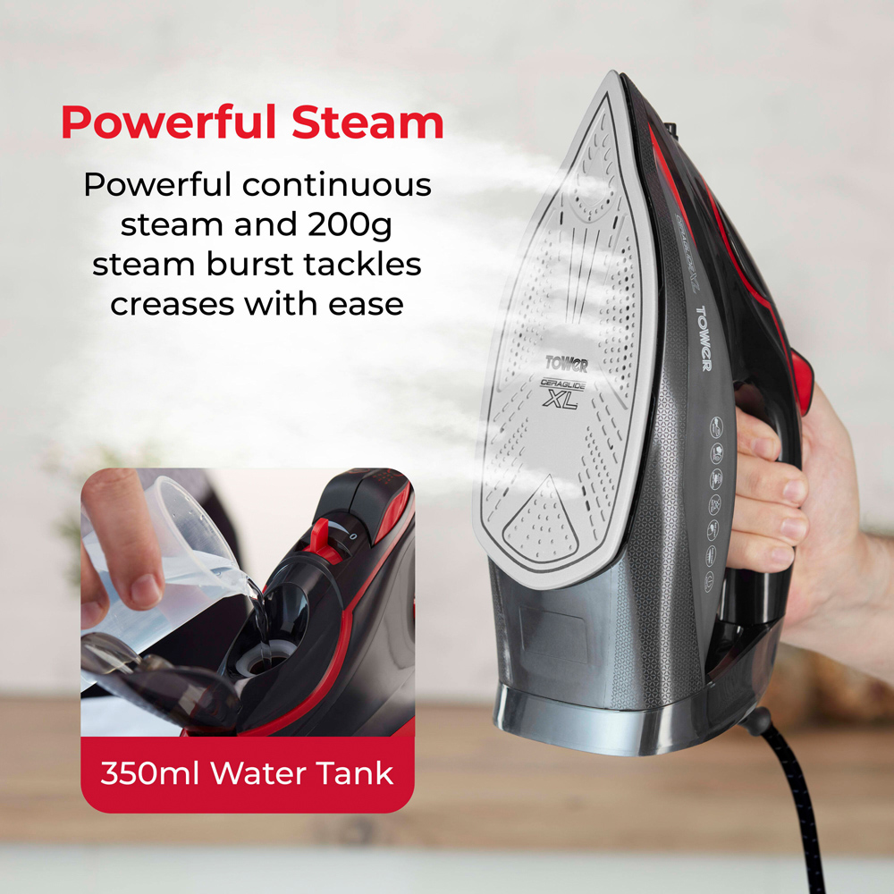Tower Red and Black Steam Iron with Extra Large Sole Plate 3100W Image 5