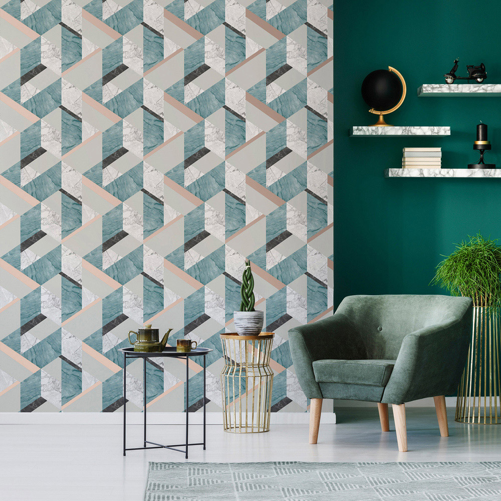 Superfresco Easy Marblesque Geo Jade and Rose Gold Wallpaper Image 3