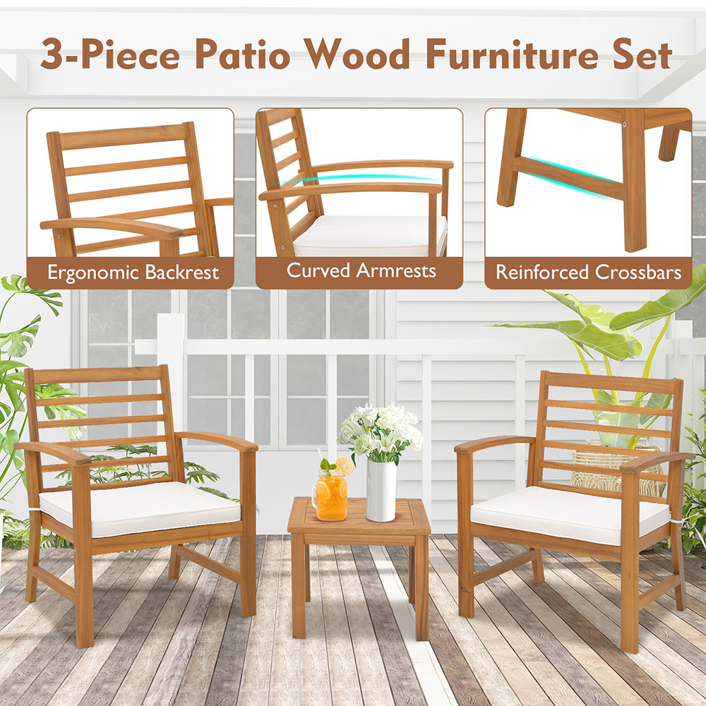 Costway 2 Seater Acacia Wood Patio Bistro Set with Cushion White Image 7