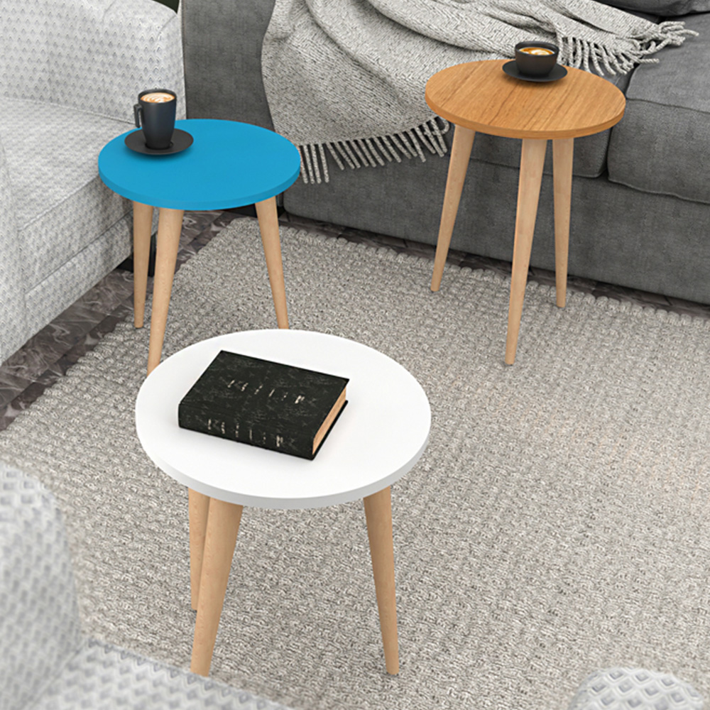 Decorotika Blue Teak and Cream Round Nest of Coffee Tables Set of 3 Image 1