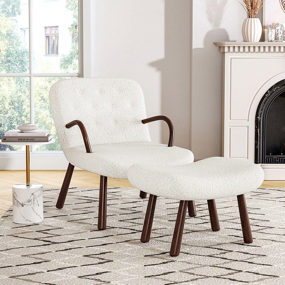 Living and Home White Sherpa Armchair and Footstool Set Image 3