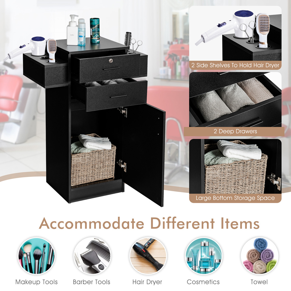 Costway 2 Drawer 6 Hair Dryer Holder Black Locking Salon Storage Cabinet Image 7