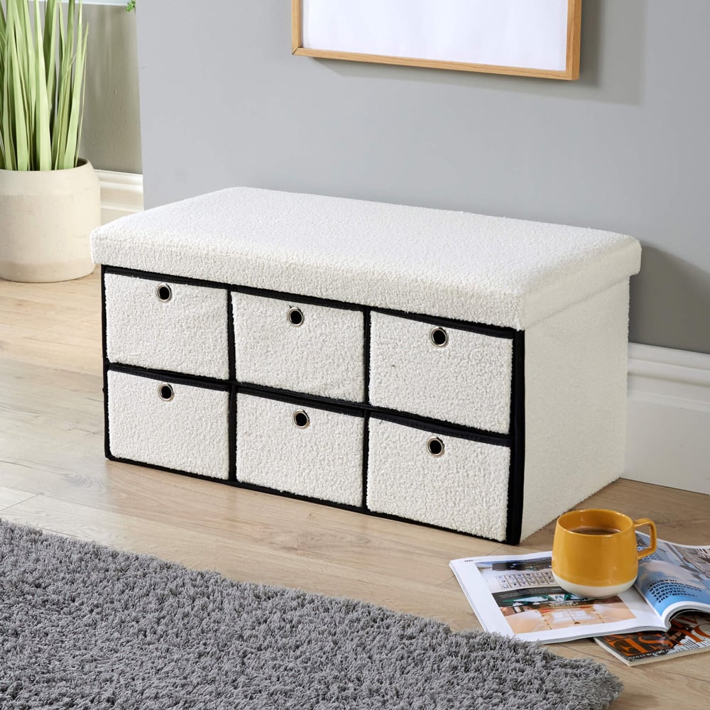 Home Source Folding 6 Drawer Cream Fur Ottoman Storage Unit Image 7