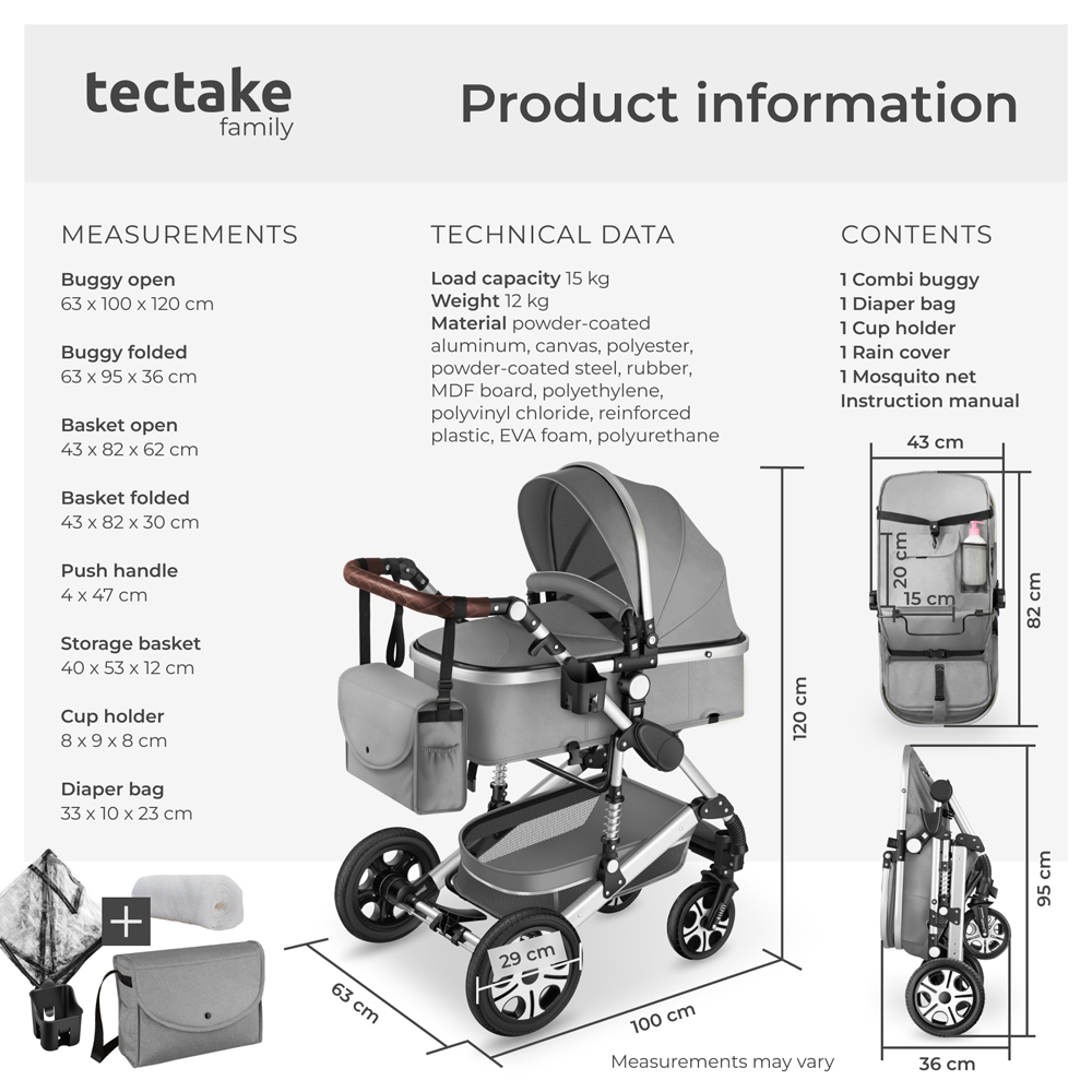 tectake Grey Foldable Pram Stroller with 5 Point Harness Safety Bar and Wrist Strap Image 9