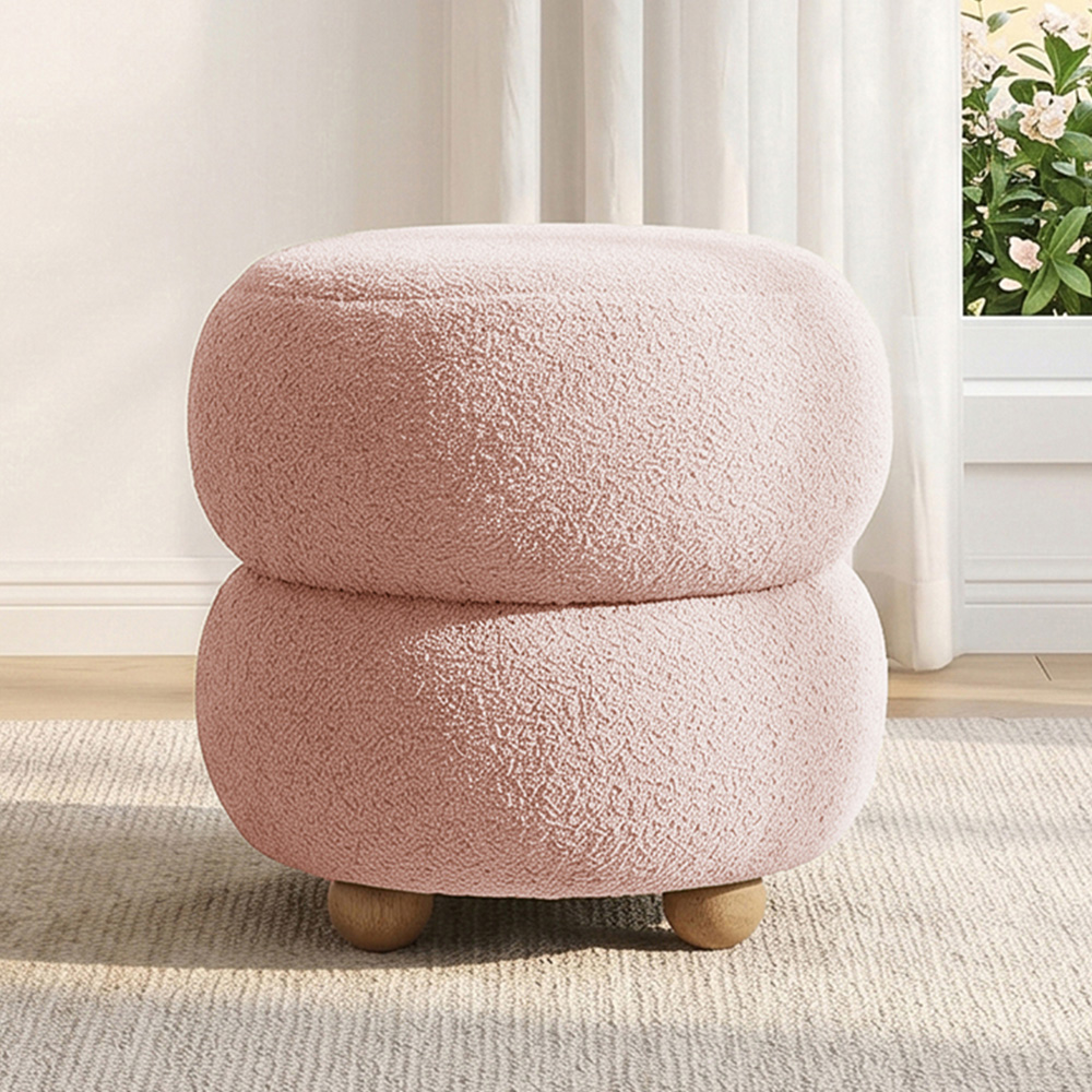Living and Home Pink Teddy Fleece Double Layer Round Footstool Image 1