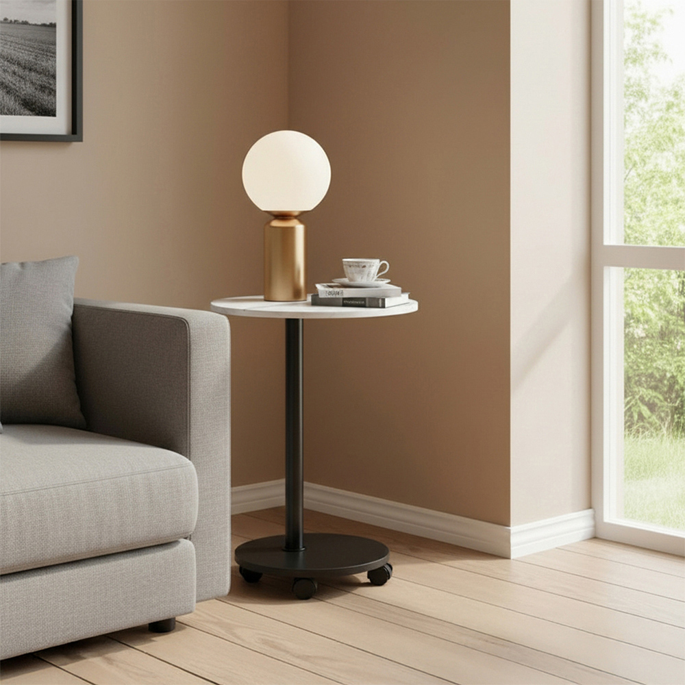 Living and Home White Marble Look Round Side Table with Lockable Castors Image 7
