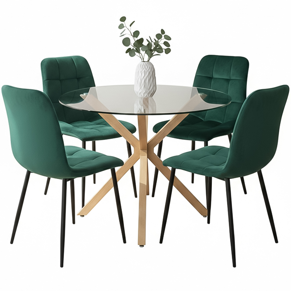Portland 4 Seater Velvet Tufted Glass Tabletop Round Dining Set Green Image 2