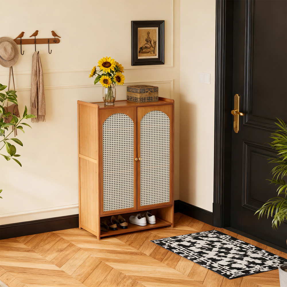 Living and Home 2 Door Single Open Shelf Brown Rattan Shoe Cabinet Image 7