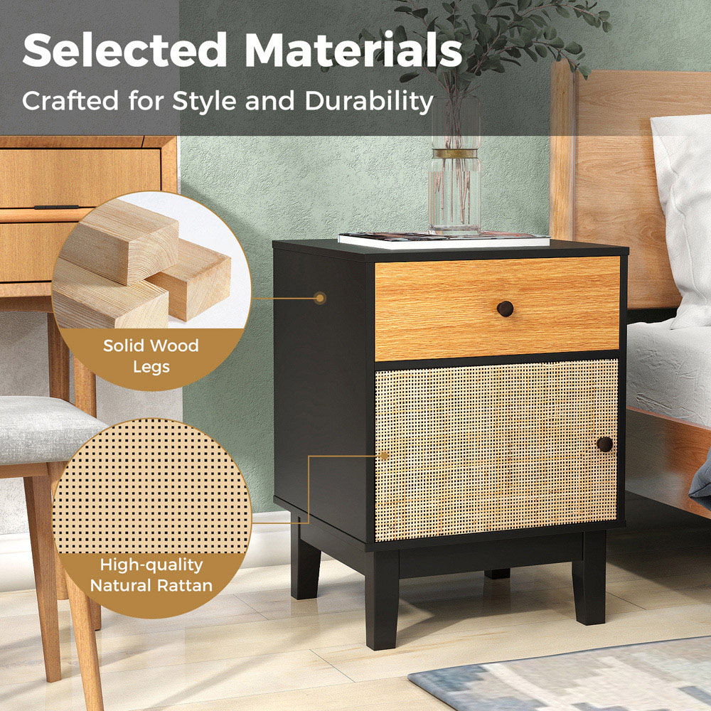Costway Single Door Single Drawer Black Modern Rattan Nightstand Image 4