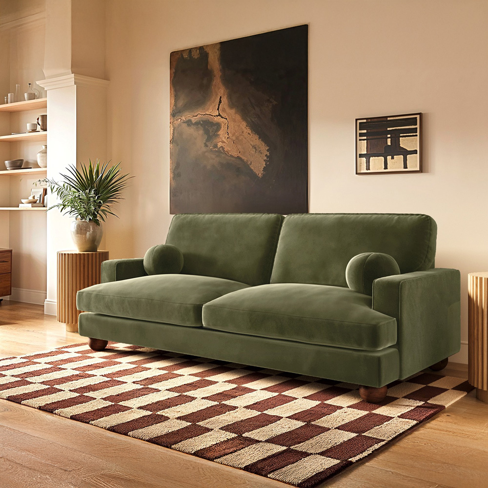 Solace+Co Addison 3 Seater Khaki Green Velvet Sofa Image 4