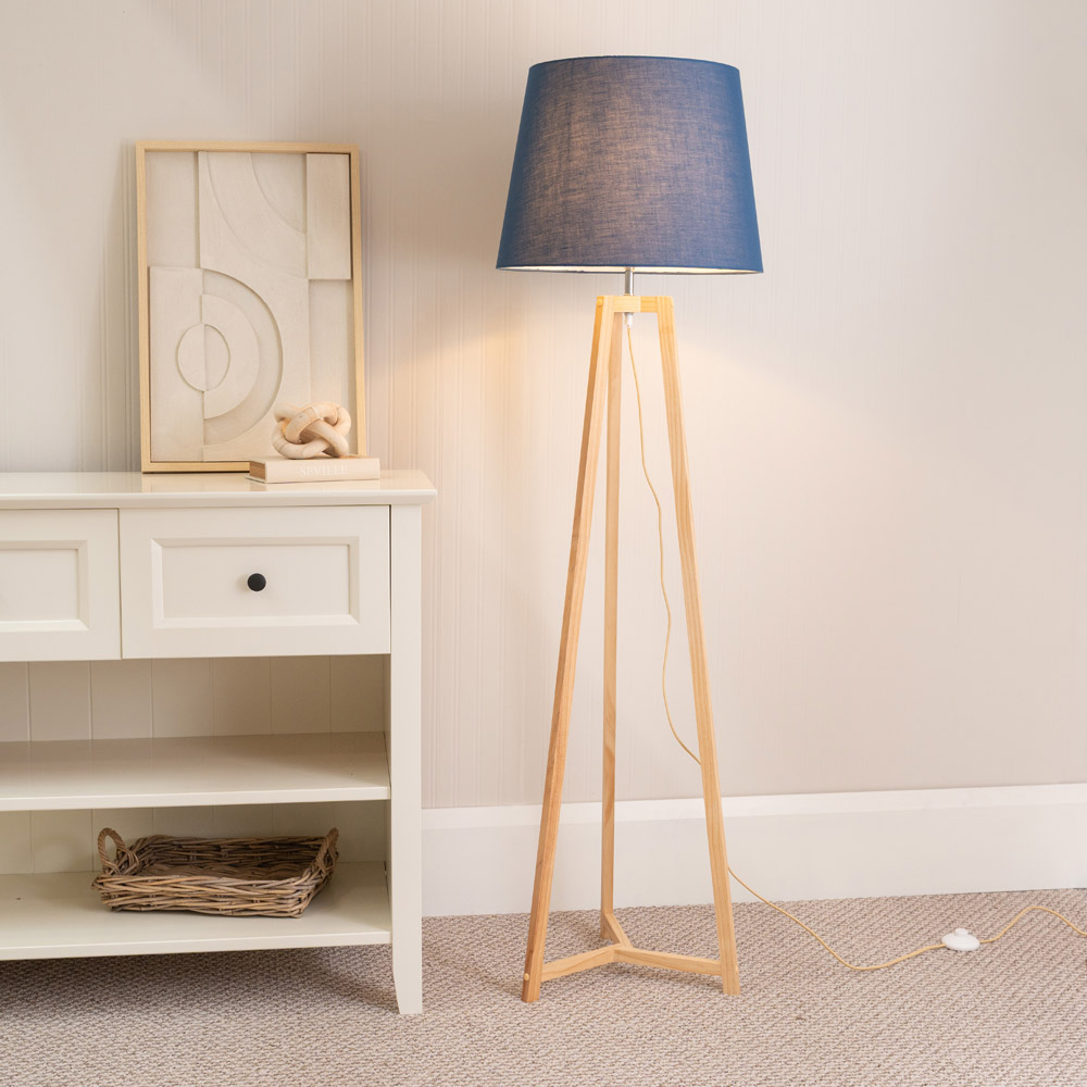 ValueLights Lottie Navy Blue Fabric Tapered Shade Natural Wood Tripod LED Floor Lamp Image 2