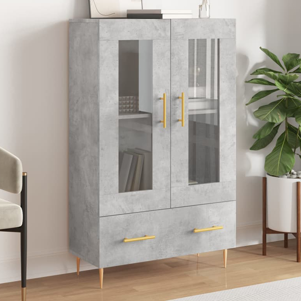 vidaXL 2 Glass Door Single Drawer Concrete Grey Highboard with Gold Handle Image 1