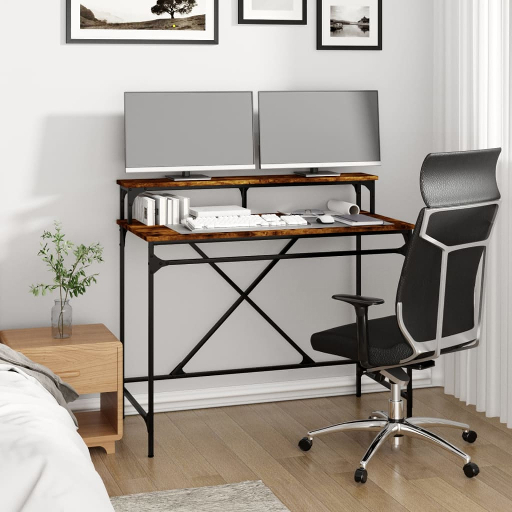 vidaXL Single Shelf Industrial Style Computer Desk Smoked Oak Image 7