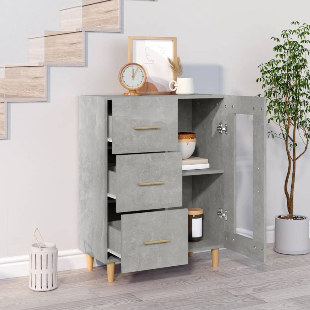 vidaXL Single Glass Door 3 Drawer Concrete Grey Wooden Sideboard Image 8