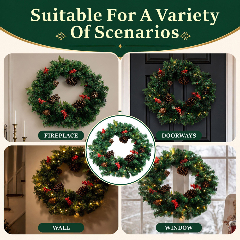 Abrihome 35 Warm White LED Artificial Cypress Christmas Wreath with Tips Pinecones and Berries 50cm Image 7