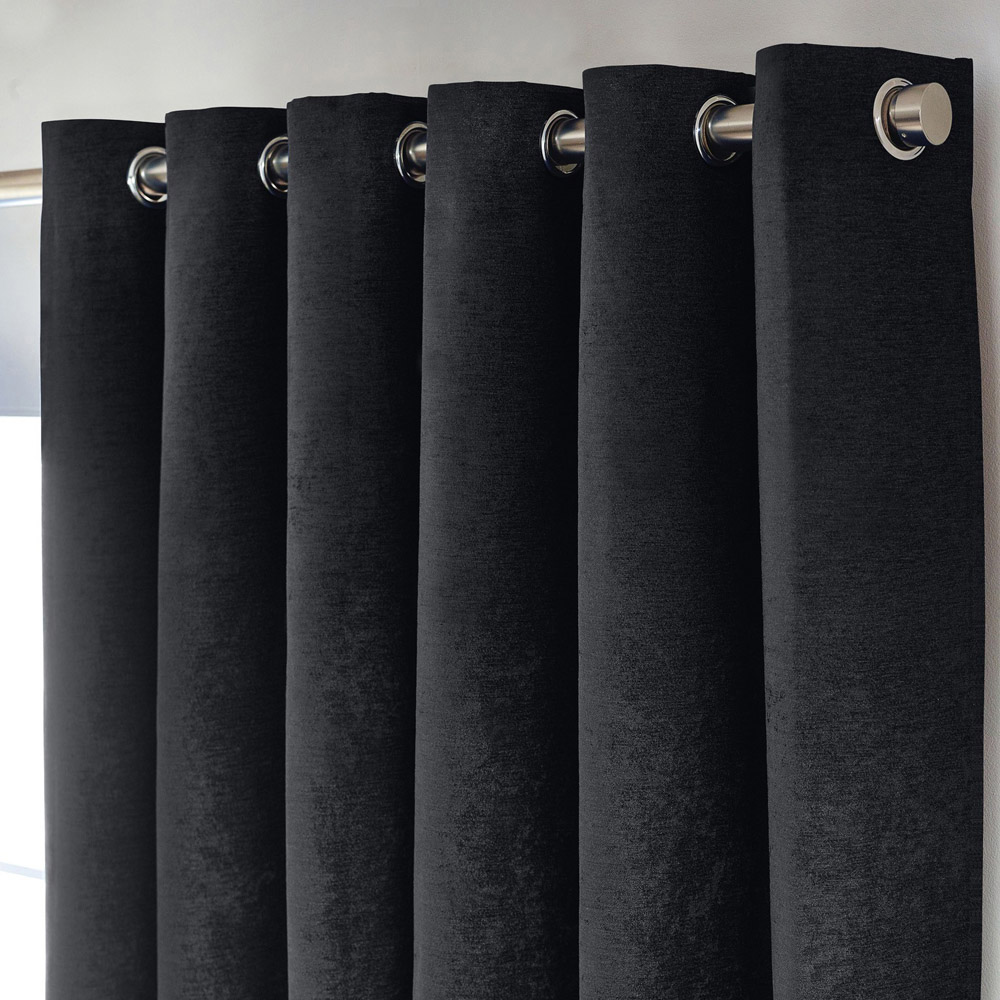 Alan Symonds Black Chenille Blackout Ring Top Eyelet Curtains 117 x 137cm Image 2