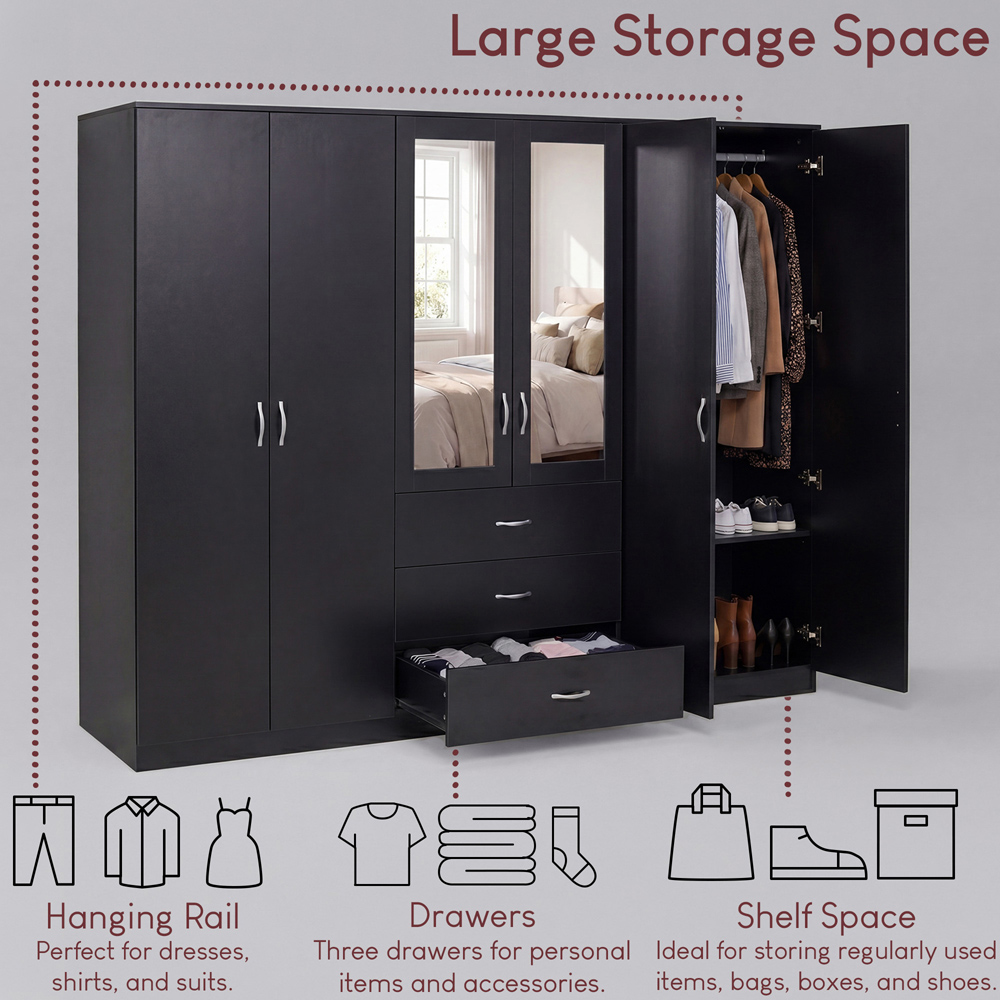 VIDA DESIGNS Riano 6 Door 3 Drawer Black Mirrored Wardrobe Image 6