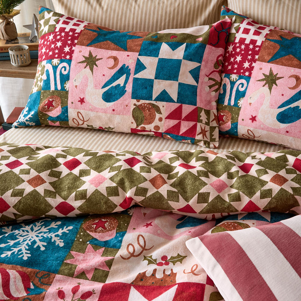 Furn Fika King Size Pink and Blue Patchwork Reversible Duvet Cover Set Image 3