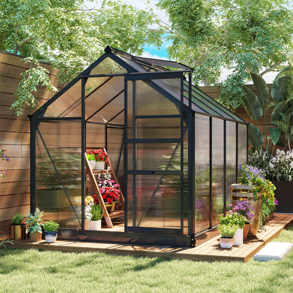 Outsunny 6 x 8ft Black Galvanised Aluminium Polycarbonate Walk In Greenhouse Image 2