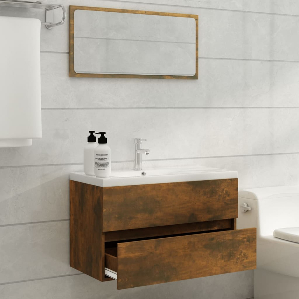 vidaXL 2 Drawer Smoked Oak Washbasin Cabinet with Built-In Sink Image 6