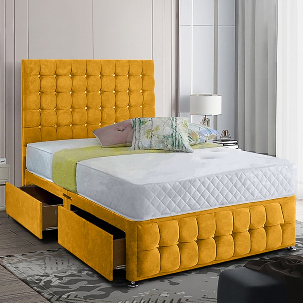 Eleganza Home Cloudrest King Size Mustard Plush Velvet 2 Drawer Divan Bed with Headboard Image 1