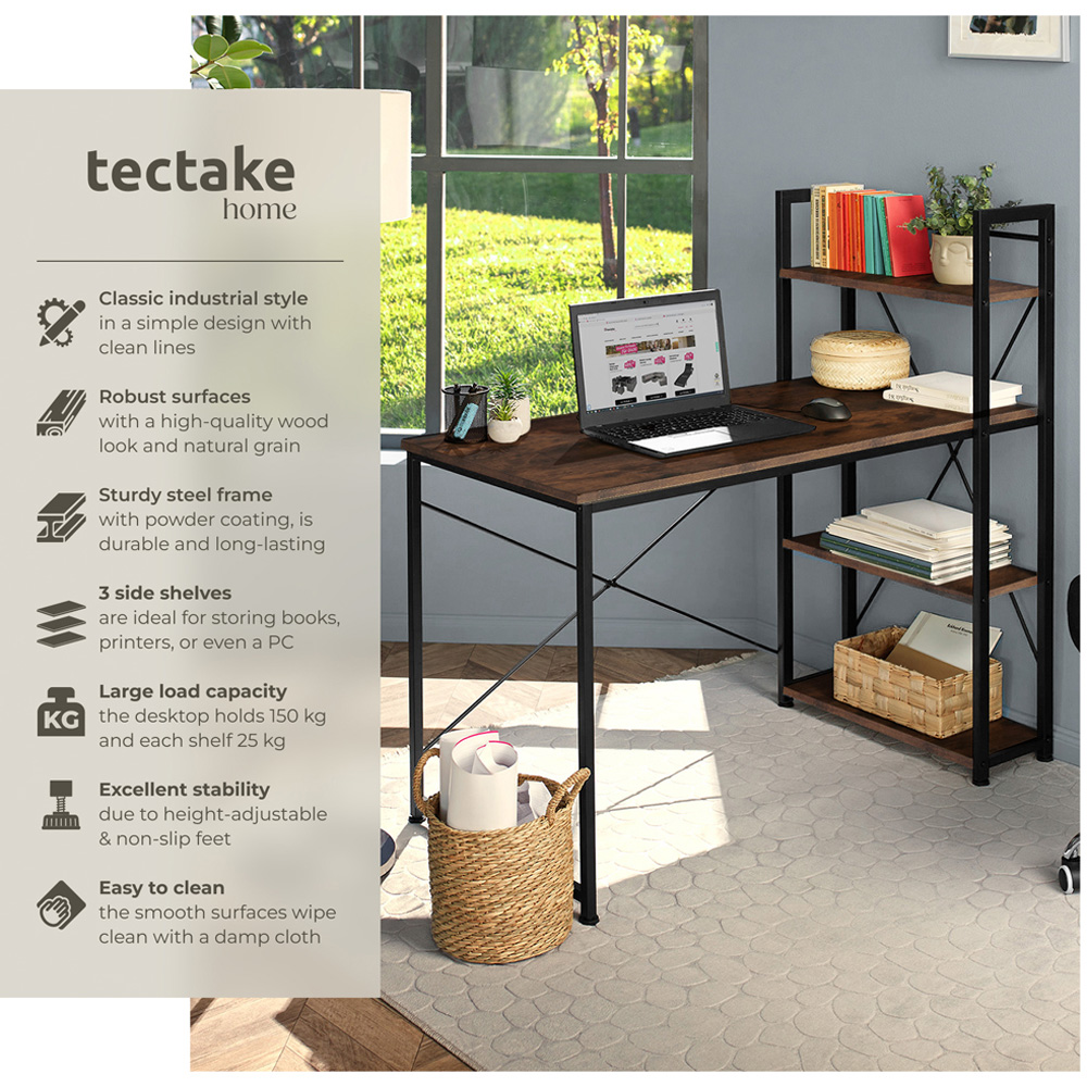 tectake 3 Compartment Dark Wood Industrial Desk with Integrated Shelf Image 3