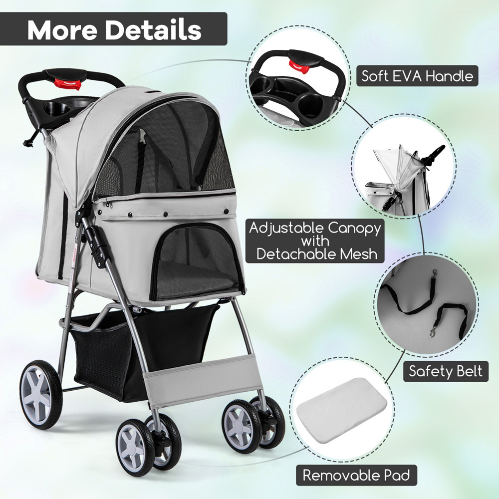 Costway Grey Folding Pet Stroller with Wheels and Canopy Image 4