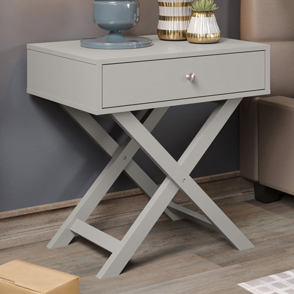 Leighton Single Drawer Light Grey X Legs Bedside Table Image 1