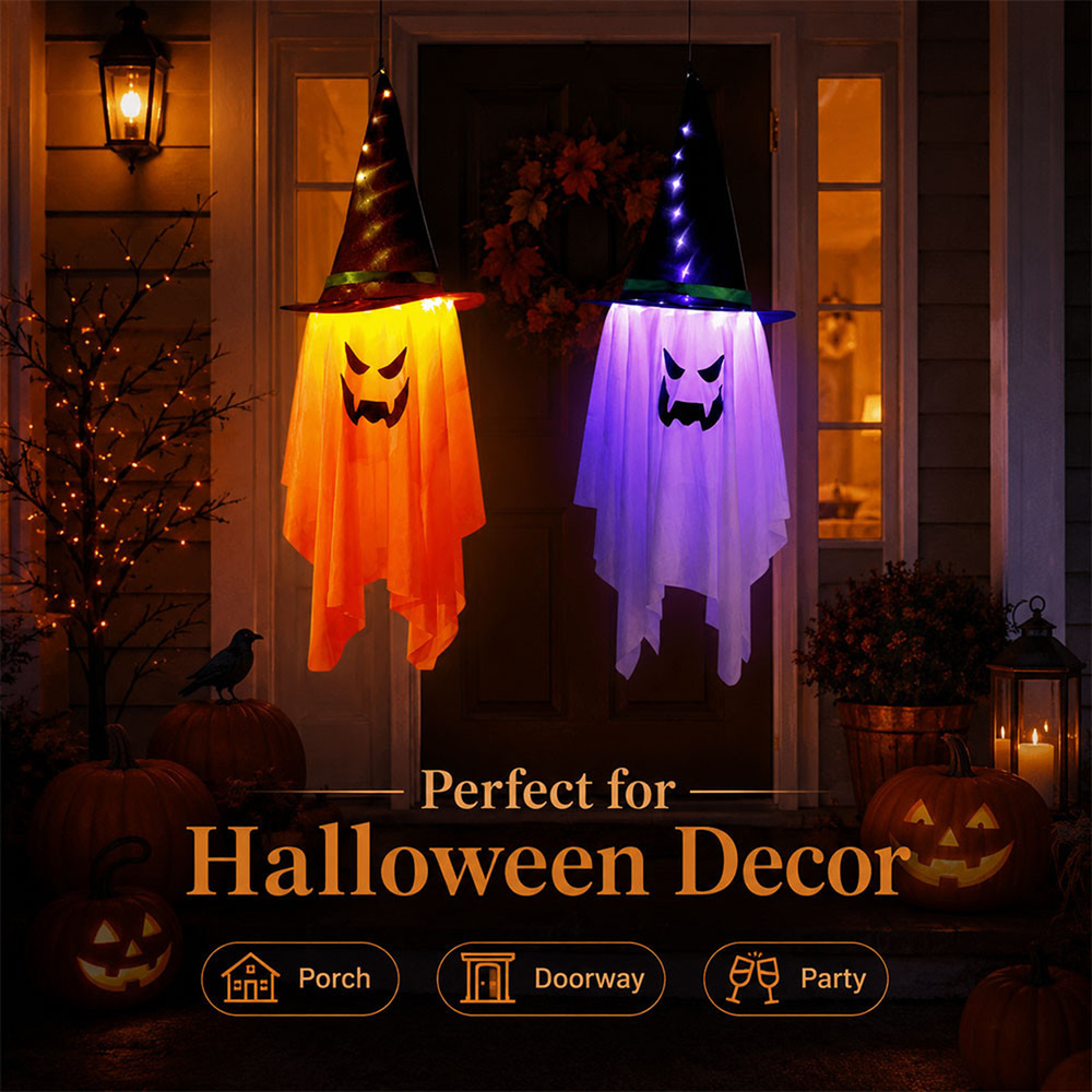 Lovii Purple LED Light Up Hanging Ghost with Witch Hat Halloween Decor 3.4ft Image 2