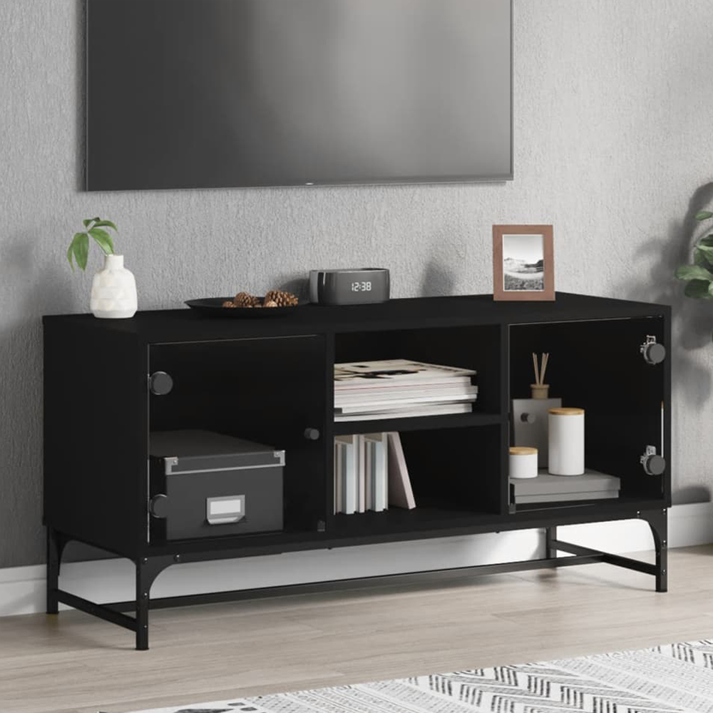 vidaXL 2 Glass Door 2 Shelf Black TV Cabinet Image 1