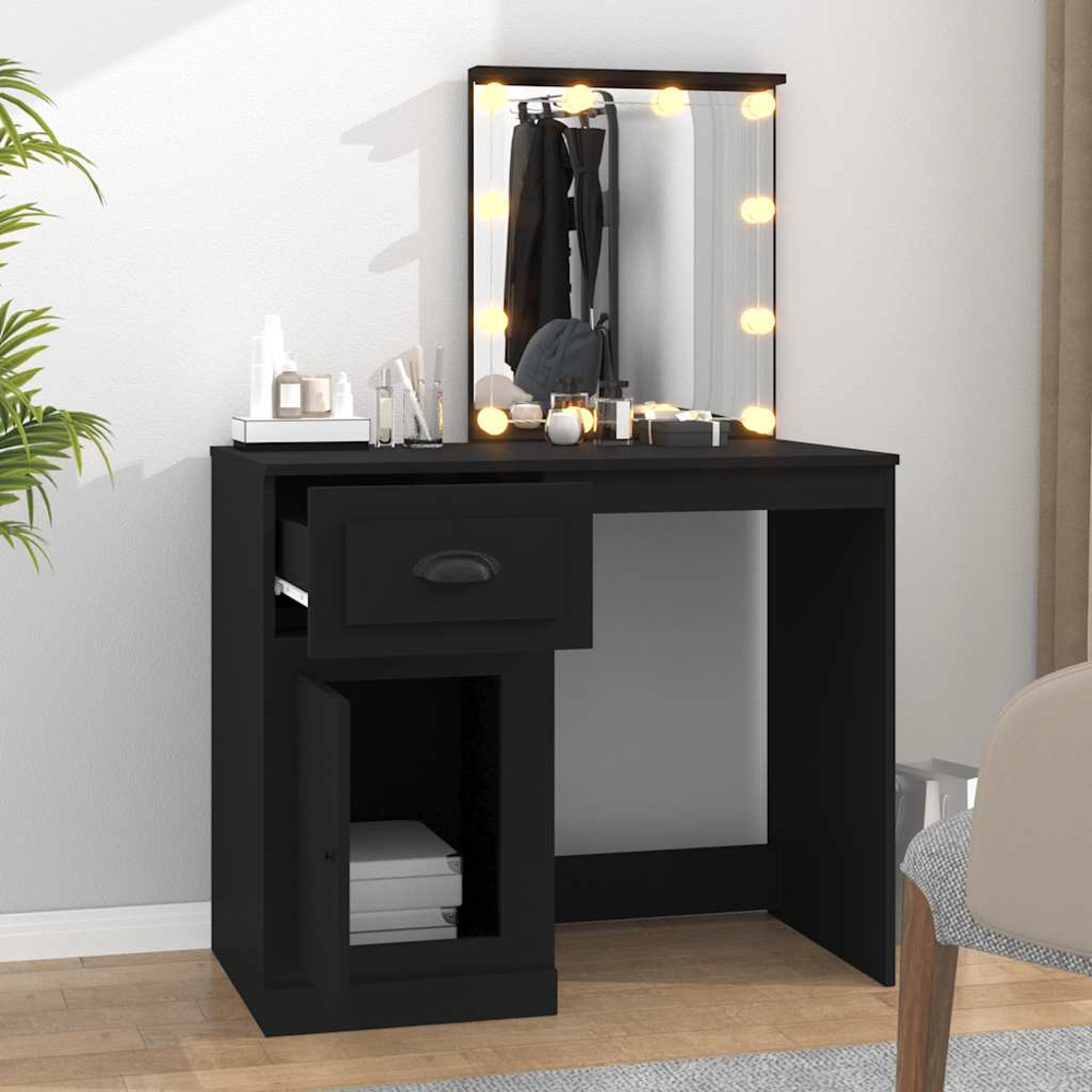 vidaXL Single Door Single Drawer Black Dressing Table with LED Mirror Image 1