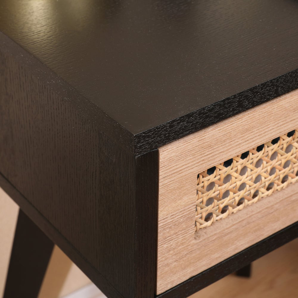 FurnitureHMD Single Drawer Black and Natural Rattan Weaving Side Table with Pine Wood Legs Image 5