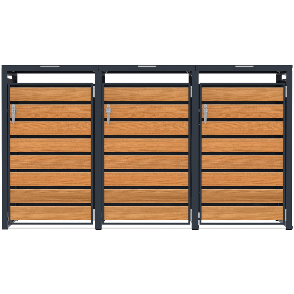MonsterShop Anthracite and Wood Metal 3 Wheelie Bin Storage Shed Image 1
