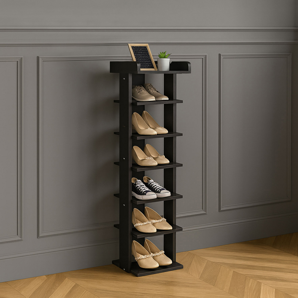Neo 7 Shelf Black Wooden Slim Shoe Rack Image 3