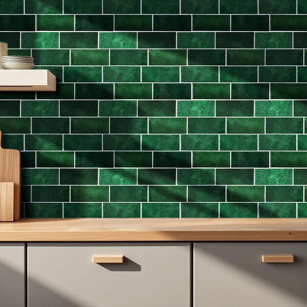 Living and Home Brick Effect Dark Green Rectangle Self Adhesive Wall Sticker 10 Pack Image 8