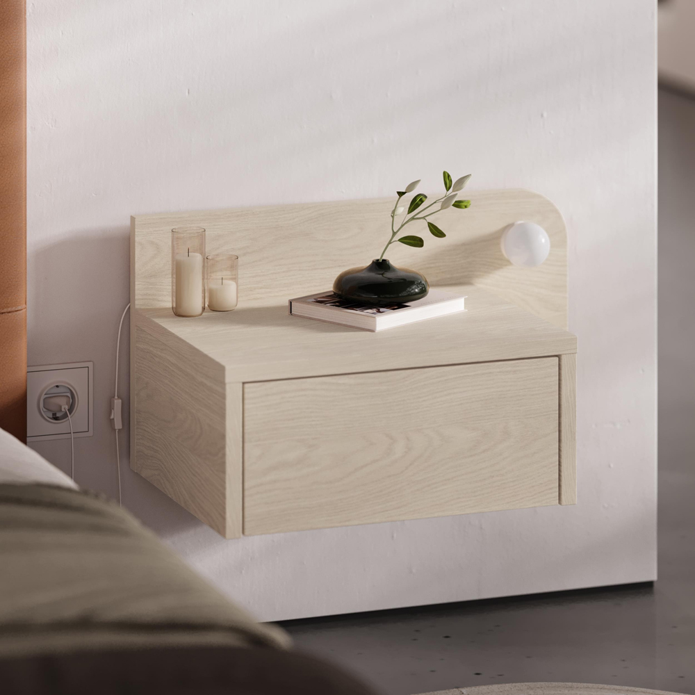 Decortie Dotta Single Drawer Sonoma Oak Wall Mounted Bedside Table with Night Light Image 4