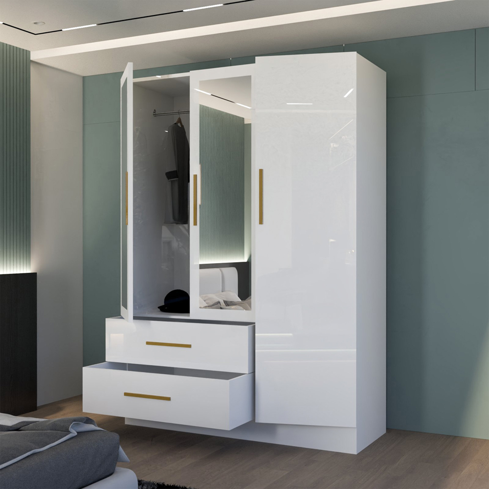 M N Furniture Glossera 3 Door 2 Drawer White High Gloss Mirrored Wardrobe 116cm Image 3