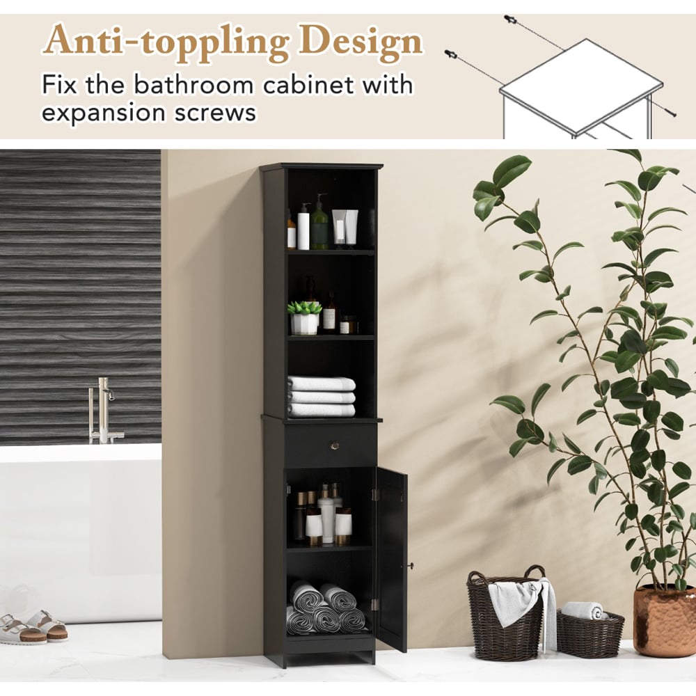 Costway Single Door Single Drawer 3 Shelf Black Tall Bathroom Cabinet Image 6