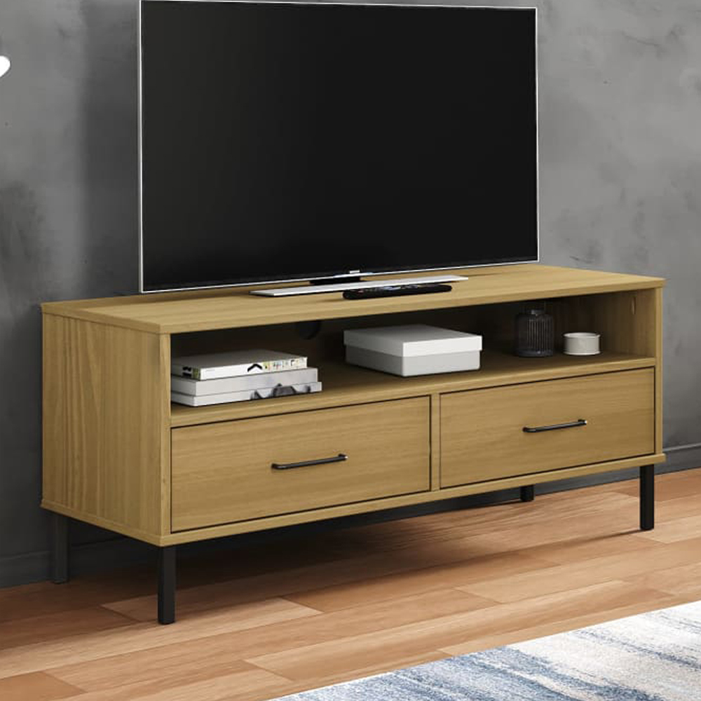 vidaXL Oslo 2 Drawer Single Shelf Brown Solid Pine Wood TV Cabinet Image 1