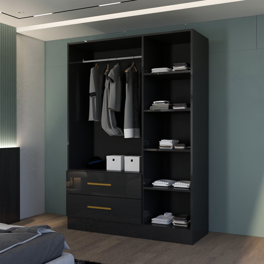 M N Furniture Glossera 3 Door 2 Drawer Black High Gloss Mirrored Wardrobe 116cm Image 4