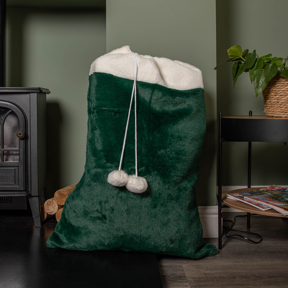 Samuel Alexander Green Christmas Present Sack with White Cuff and Pom Poms Image 6