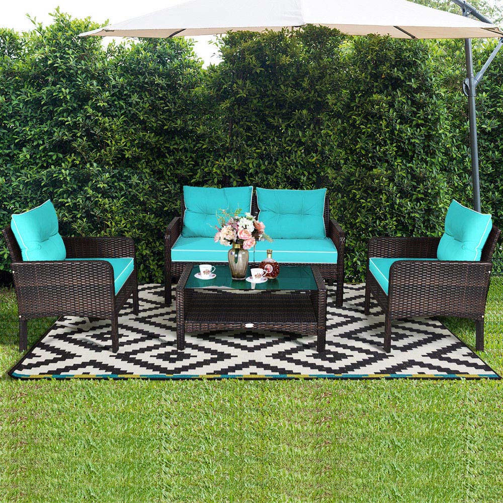 Costway 4 Seater Turquoise PE Rattan Patio Conversation Set Image 1