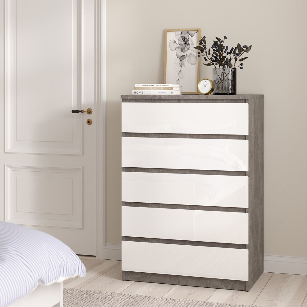 Florence 5 Drawer Concrete and White High Gloss Chest of Drawers Image 6